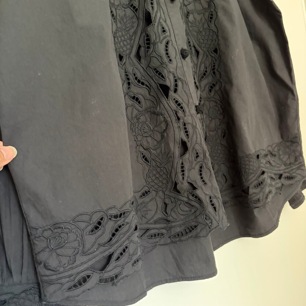 *NWT FARM Rio Embroidered Eyelet Puff Sleeve Button-Up Shirt Black Size L Cotton - Picture 5 of 12